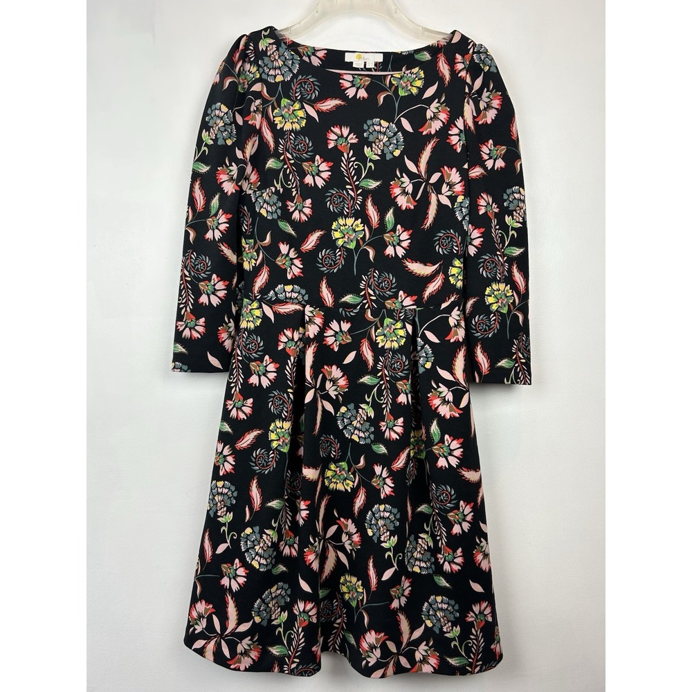 Boden Dress Womens 4 Black Blossom Pome Floral Fit Flare Jersey Knit Midi Career